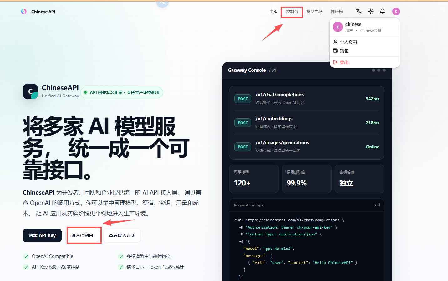 ChineseAPI 首页进入控制台示意图